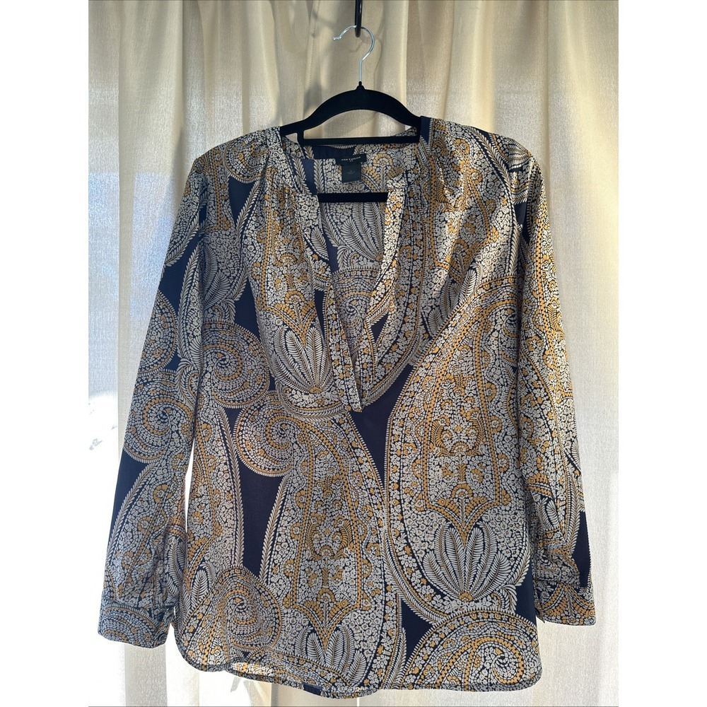 Anne Taylor V neck Long Sleeve top Paisley Black Tan‎ Gold Sz Small